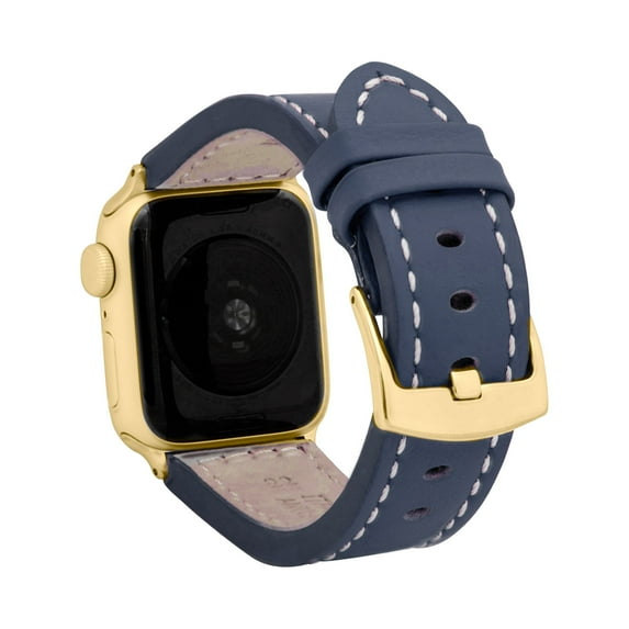 Bandini Band for Apple Watch Leather Band 44mm 45mm 42mm 41mm 40mm 38mm 49mm & Ultra for Men, Padded iWatch Band for Apple Watch Series 9 8 7 6 5 4 3 2 1 SE - Blue / Stitch / Gold
