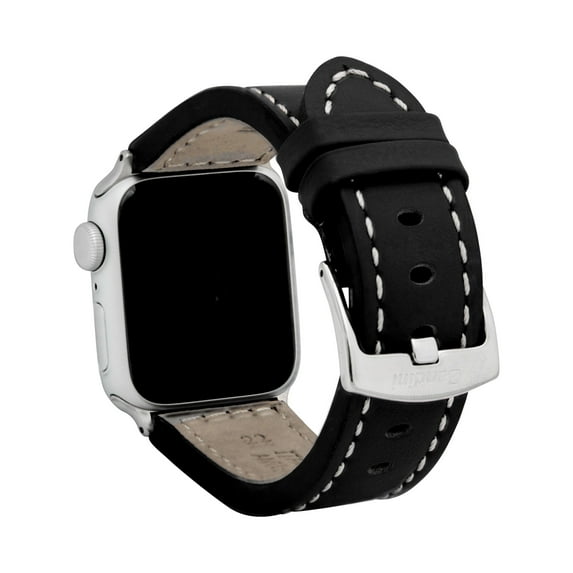 Bandini Band for Apple Watch Leather Band 45mm 44mm 42mm 41mm 40mm 38mm 49mm & Ultra for Men, Padded iWatch Band for Apple Watch Series 7 9 8 6 5 4 3 2 1 SE - Black / Stitch / Silver