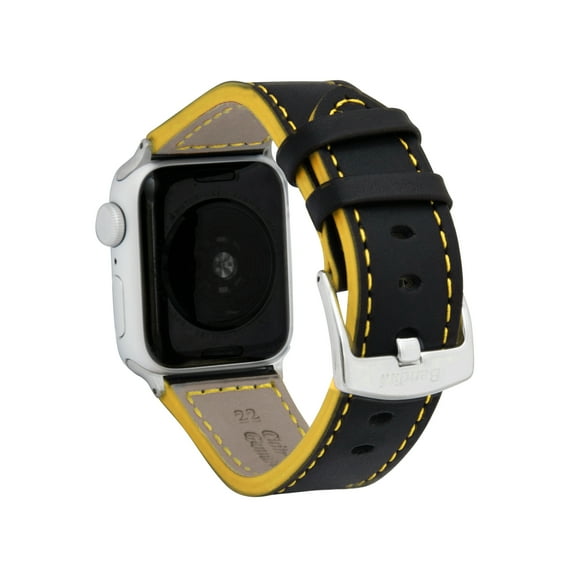 Bandini Band for Apple Watch Ultra Band Leather 49mm 45mm 42mm 41mm 40mm 38mm 44mm for Men, Padded iWatch Band for Apple Watch Series 7 9 8 6 5 4 3 2 1 SE - Extra Long XL, Black and Yellow / Silver