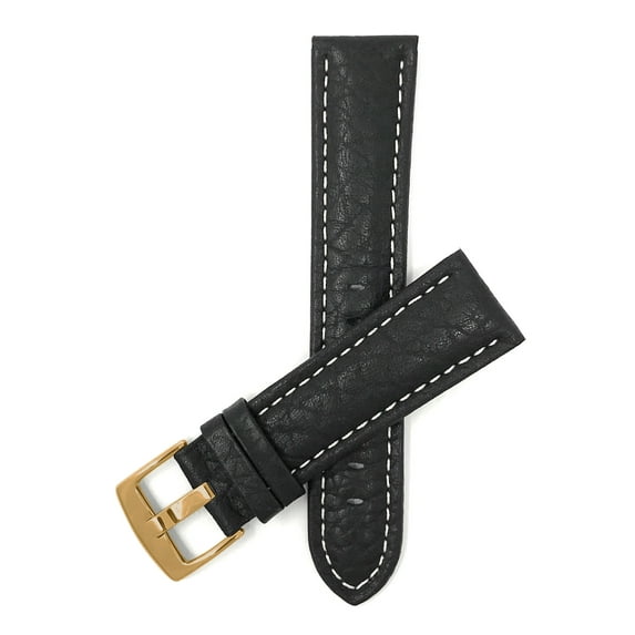 Bandini Extra Long (XL) 20mm Mens Italian Leather Watch Band Strap - Black - Buffalo Pattern - White Stitch - Classic - Gold Buckle
