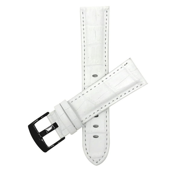 Bandini Extra Long (XL) 20mm Mens Italian Leather Watch Band Strap - White - Alligator Pattern - Black Buckle