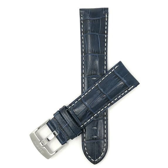 Bandini Extra Long (XL) 22mm Mens Italian Leather Watch Band Strap - Blue - White Stitch - Alligator Pattern