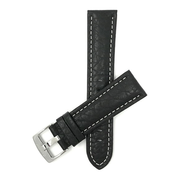 Bandini Extra Long (XL) 28mm Mens Italian Leather Watch Band Strap - Black - Buffalo Pattern - White Stitch - Classic