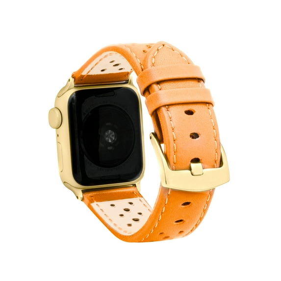 Bandini Extra Long XL Band Compatible with Apple Watch Leather Band 41mm 40mm 38mm, Men Rally Strap Replacement for Apple Watch Band Series 9 8 7 6 5 4 3 2 SE Sport & iWatch - Orange / Gold Hardware