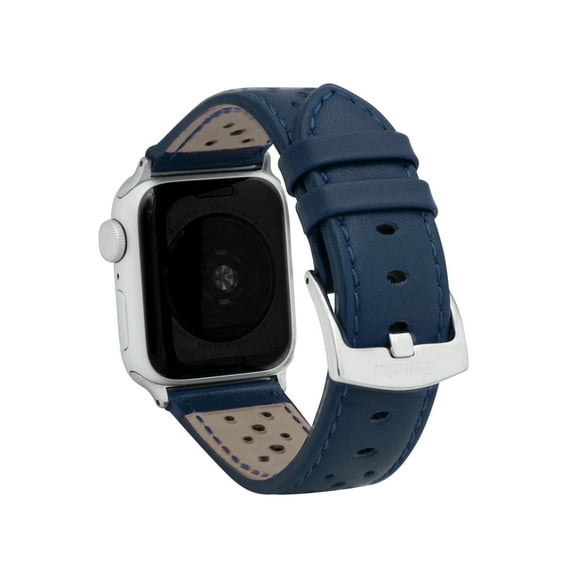 Bandini Extra Long XL Band Compatible with Apple Watch Leather Band 41mm 40mm 38mm, Men Rally Strap Replacement for Apple Watch Band Series 9 8 7 6 5 4 3 2 SE Sport & iWatch - Blue / Silver Hardware