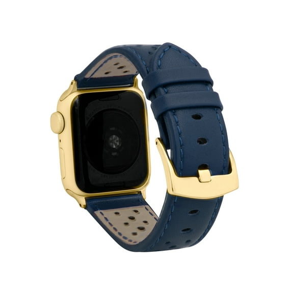 Bandini Extra Long XL Band Compatible with Apple Watch Leather Band 45mm 44mm 42mm 49mm, Men Rally Strap Replacement for Apple Watch Band Ultra, Series 9 8 7 6 5 4 3 2 SE - Blue / Gold Hardware
