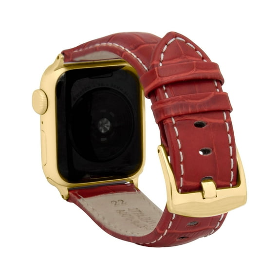 Bandini Mens Band for Apple Watch Band Leather 44mm 45mm 42mm 41mm 40mm 38mm 49mm & Ultra for Men, Alligator Style for iWatch Series 9 8 45mm Band & 7 6 5 4 3 2 1 SE - Red / Stitch / Gold