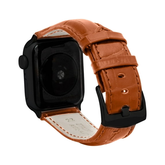 Bandini Mens Band for Apple Watch Leather Ultra Band 49mm 45mm 42mm 41mm 40mm 38mm 44mm for Men, Alligator Style iWatch Band for Apple Watch Series 9 8 45mm Band & 7 6 5 4 3 2 1 SE - Tan/Stitch/Black