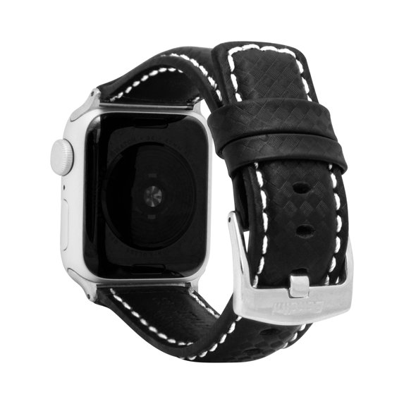 Bandini Mens Carbon Fiber Leather for Apple Watch Band 44mm 45mm 42mm 41mm 40mm 38mm Ultra 49mm for Men, Distressed Leather for Apple Watch Series 9 8 7 6 5 4 3 2 SE & iWatch - Black & White / Silver