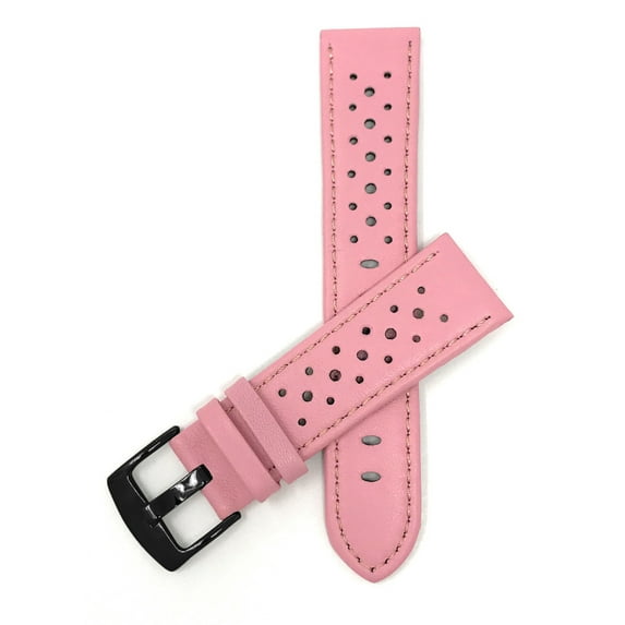 Bandini Mens Extra Long Leather Rally Strap - Breathable Perforated Racing Watch Band - Replacement Racer Rally Band for Classic and Smart Watch - Pink 22mm XL Watch Band - Black Buckle