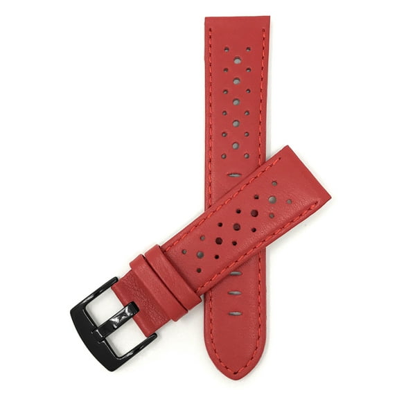 Bandini Mens Extra Long Leather Rally Strap - Breathable Perforated Racing Watch Band - Replacement Racer Rally Band for Classic and Smart Watch - Red 24mm XL Watch Band - Black Buckle