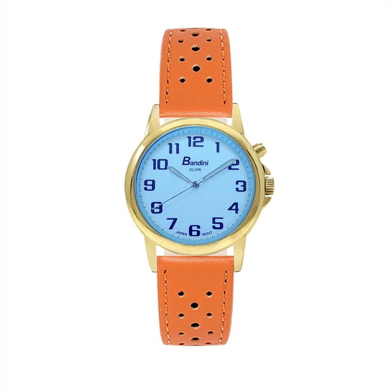 Bandini Mens Glow Watch - Extra Long Leather Rally Strap - 38mm Analog Men's Easy to Read Watch with Light, Light Up Watches, Quartz, White Dial, Big Numbers, Glow in Dark Hands - Gold Tone / Orange