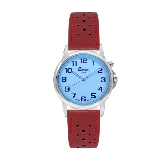 Bandini Mens Glow Watch - Extra Long Leather Rally Strap - 38mm Analog Men's Easy to Read Watch with Light, Light Up Watches, Quartz, White Dial, Big Numbers, Glow in Dark Hands - Silver Tone / Red
