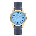 thumbnail image 1 of Bandini Mens Glow Watch - Minimal Stitch Leather Band - 38mm Analog Men's Easy to Read Wrist Watch with Light, Light Up Watches, Quartz, White Dial, Big Numbers, Glow in Dark Hands - Gold Tone / Blue, 1 of 6