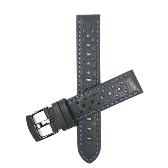 Bandini Mens Leather Rally Strap - Breathable Perforated Racing Watch Band - Replacement Racer Rally Band for Classic and Smart Watch - Black and Blue 18mm Watch Band - Black Buckle