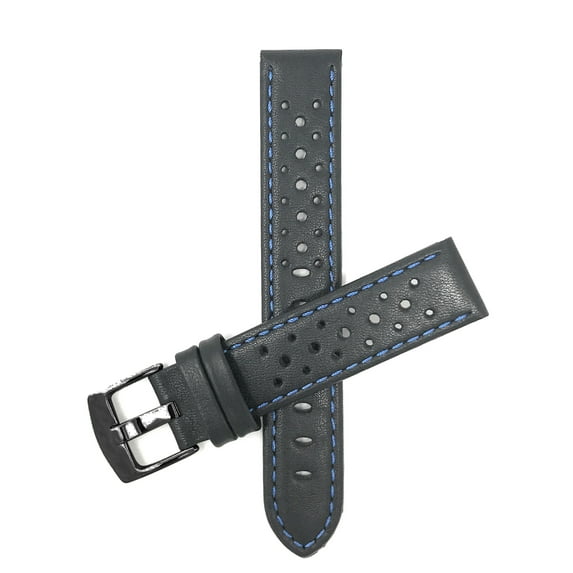 Bandini Mens Leather Rally Strap - Breathable Perforated Racing Watch Band - Replacement Racer Rally Band for Classic and Smart Watch - Black and Blue 20mm Watch Band - Black Buckle