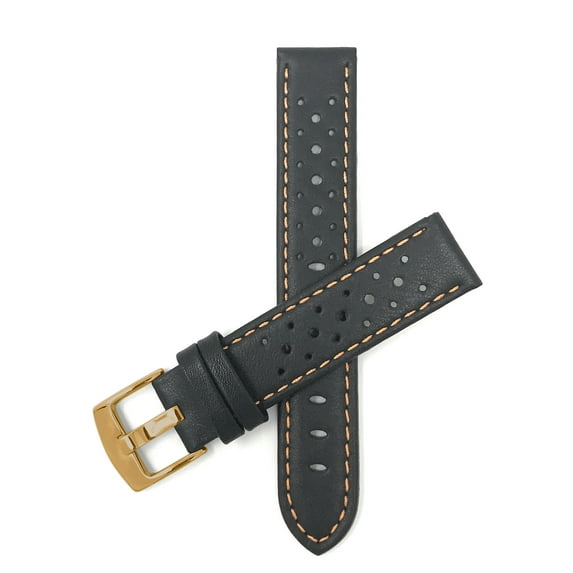 Bandini Mens Leather Rally Strap - Breathable Perforated Racing Watch Band - Replacement Racer Rally Band for Classic and Smart Watch - Black and Orange 18mm Watch Band - Gold Buckle