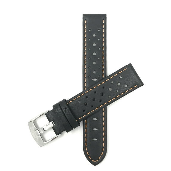 Bandini Mens Leather Rally Strap - Breathable Perforated Racing Watch Band - Replacement Racer Rally Band for Classic and Smart Watch - Black and Orange 24mm Watch Band