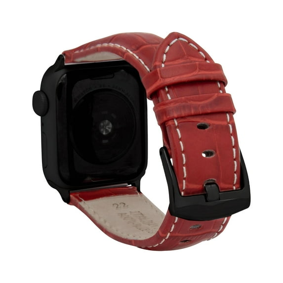 Bandini Mens Strap for Apple Watch Band Leather 44mm 45mm 42mm 41mm 40mm 38mm 49mm & Ultra for Men, Alligator Style for iWatch Series 9 8 45mm Band & 7 6 5 4 3 2 1 SE - Red / Stitch / Black