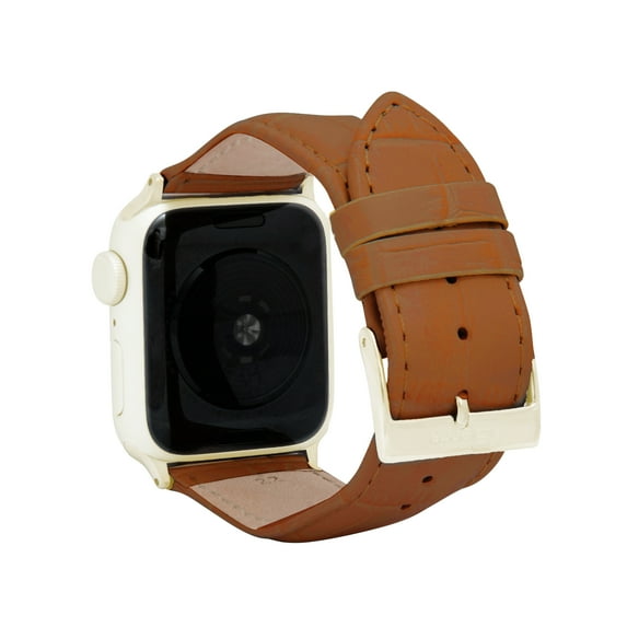 Bandini Womens Band for Apple Watch Band 40mm 38mm 41mm 42mm 44mm 45mm 49mm for Women, Alligator Style Leather iWatch Band for Apple Watch Series 9 8 7 6 5 4 3 2 1 SE & Ultra - Tan / Gold