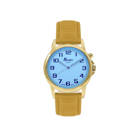 Bandini Womens Glow Watch - Alligator Pattern Leather Band, 28mm Analog Women's Easy to Read Watches with Light Up, Quartz, White Dial, Big Numbers, Glow in Dark Hands - Gold Tone / Yellow