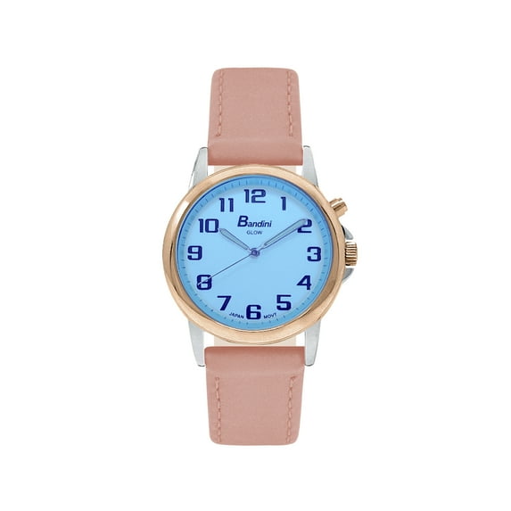 Bandini Womens Glow Watch - Leather Band - 28mm Analog Women's Easy to Read Wrist Watch with Light, Light Up Watches, Quartz, White Dial, Big Numbers, Glow in Dark Hands - Rose Gold Tone / Blush Pink