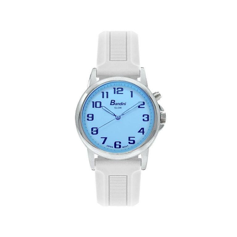 Bandini Womens Glow Watch Washable Silicone Band 28mm Analog Women s Easy Read Wrist Watch with Light Light Up Watches Quartz White Dial Big Numbers Glow in Dark Hands Silver