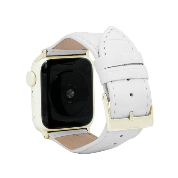 Bandini Womens Leather for Apple Watch Band 44mm 38mm 41mm 42mm 40mm 45mm 49mm for Women, Alligator Style Leather iWatch Band for Apple Watch Series 9 8 7 6 5 4 3 2 1 SE & Ultra Band - White / Gold