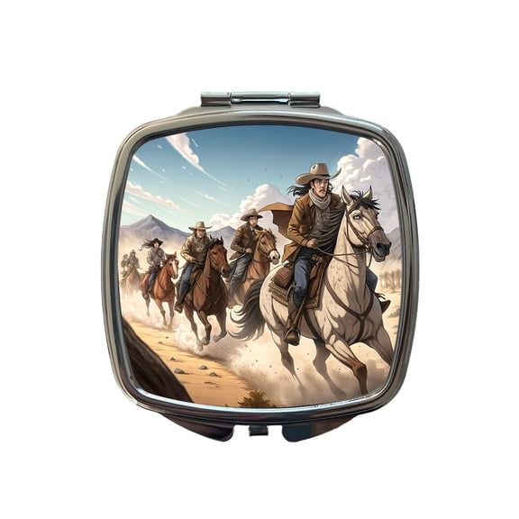 Bandits Riding Hard Old West Cowboys Western Travel Makeup Handbag Purse Small Pocket Compact Mirror
