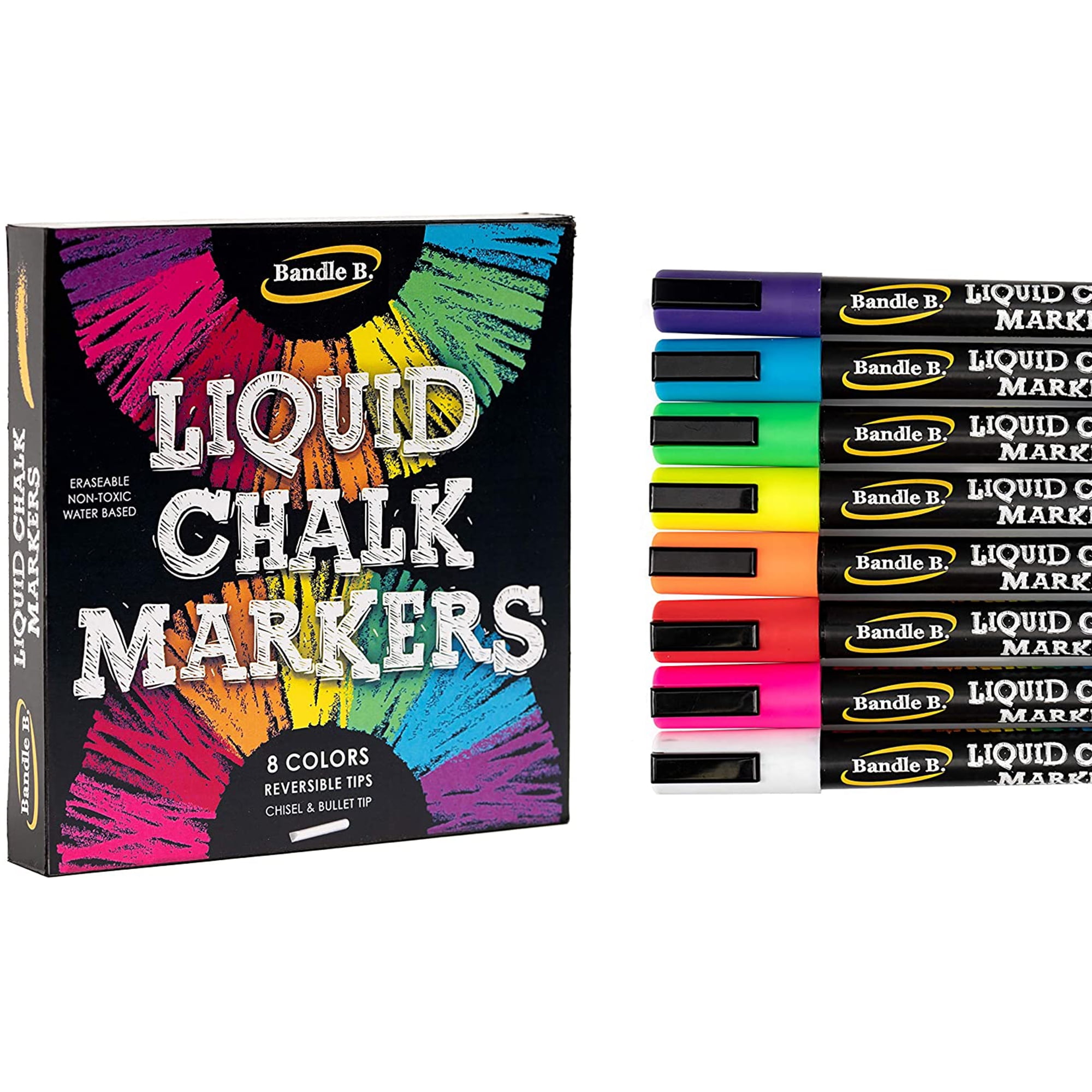 Bandle B. Liquid Chalk Markers - 8 Vibrant Colors, Erasable, Non-Toxic, Water-Based, Reversible Tips, Bright Colors for Kids & Adults for