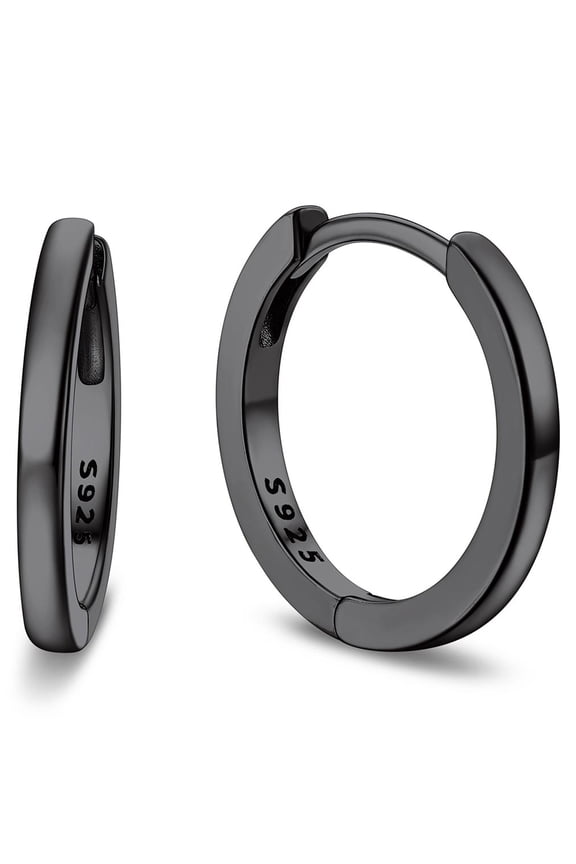 10MM 925 Sterling Silver Black Huggie Earrings for Men Cool Simple Hoop Earrings for Father Day Gift