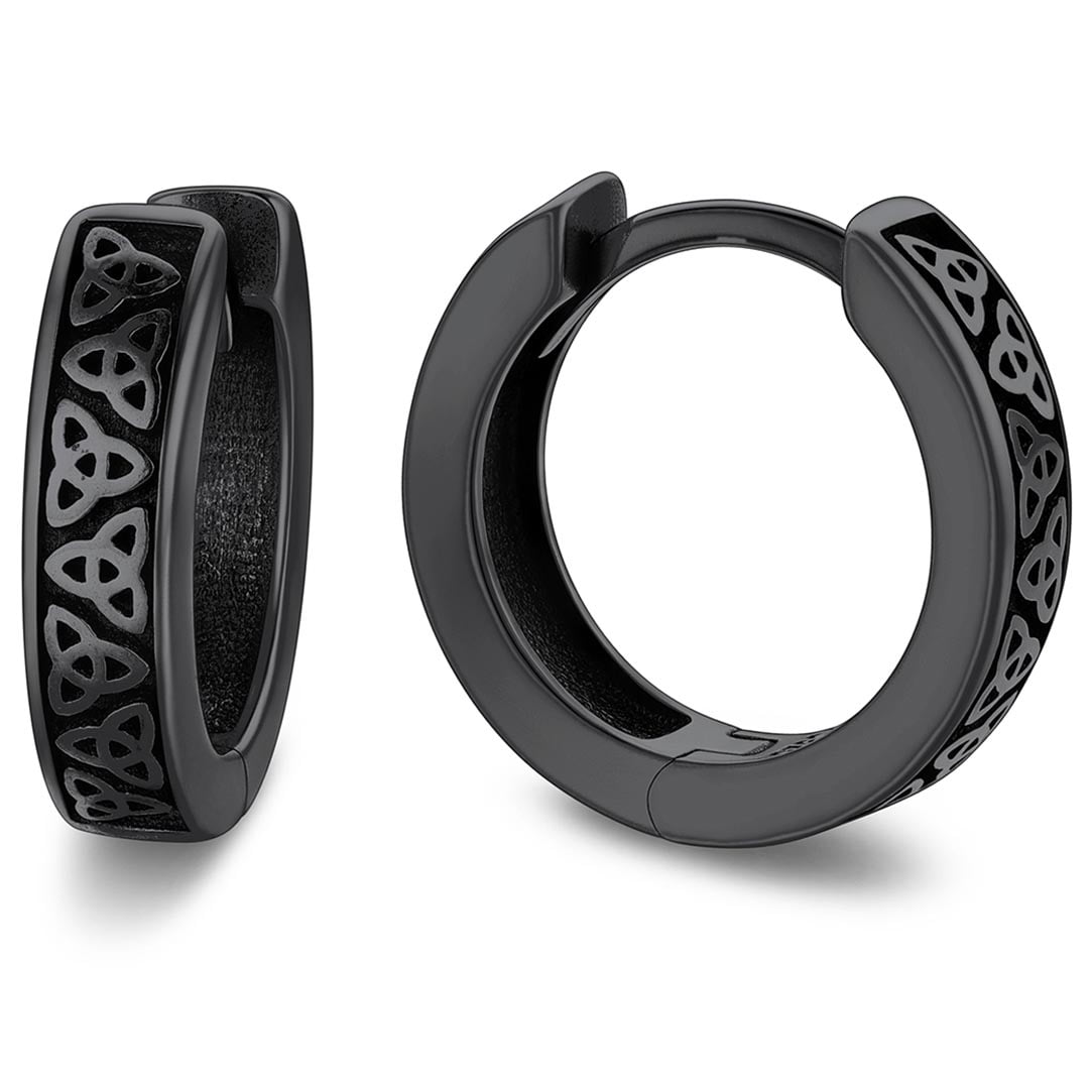 Bandmax 10MM 925 Sterling Silver Black Huggie Earrings for Men Tiny Triangle Celtic Knot Hoop Earrings for Boyfriend Husband Father Son Gift