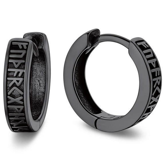 Bandmax 10MM 925 Sterling Silver Huggie Earrings for Men Tiny Black Viking Rune Hoop Earrings for Father's Day Valentines Birthday Gift