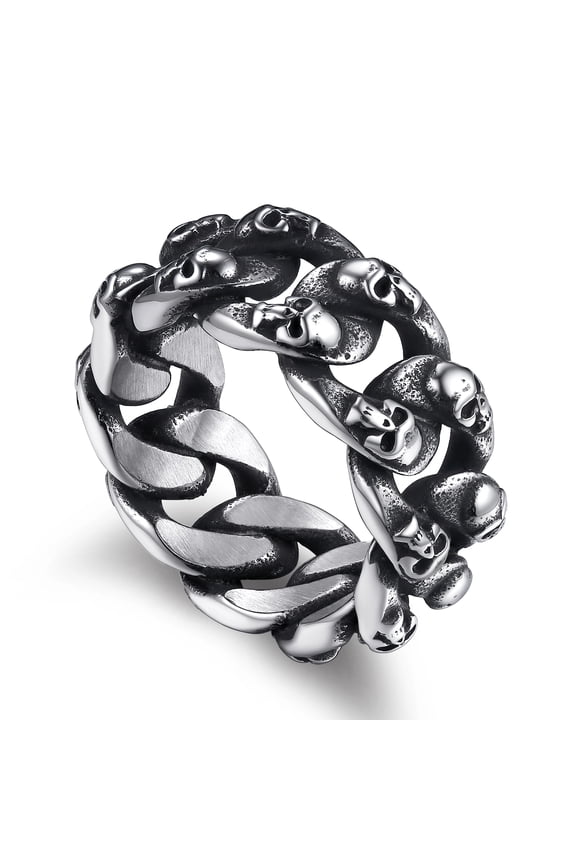 10MM Wide Stainless Steel Men Rings Hip Hop Cuban Chain with Skull Band Ring for Women Men Trendy Minimalist Ring for Gift