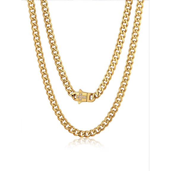 Bandmax 14K Gold Plated Miami Cuban Link Chain for Men Women 6MM 18 Inch Stainless Steel Necklace Choker with Cross Cubic Zirconia Clasp