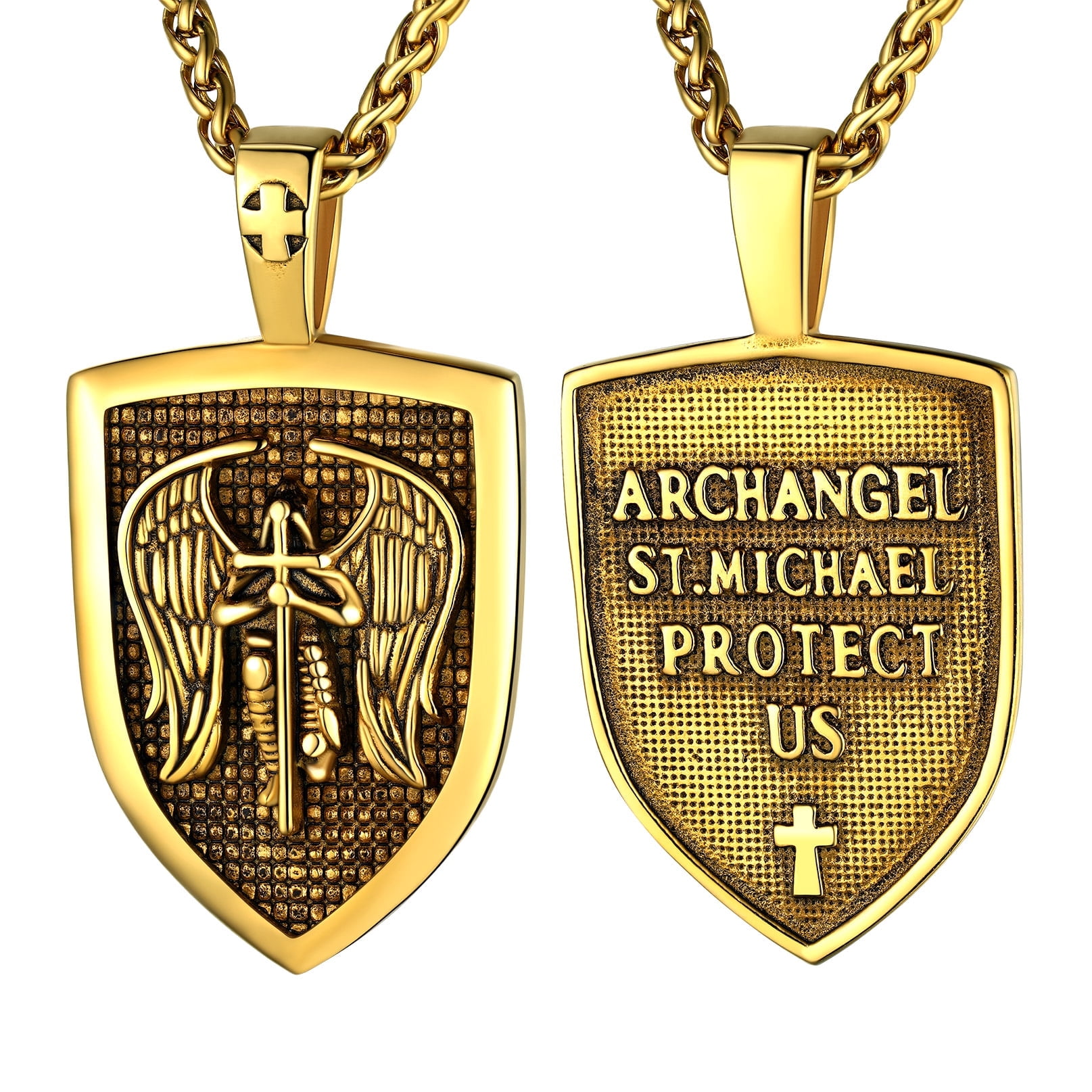 St. Michael Archangel Warrior Shield Pendant Necklace - 25" Stainless Steel Chain, Silver/Red/Gold