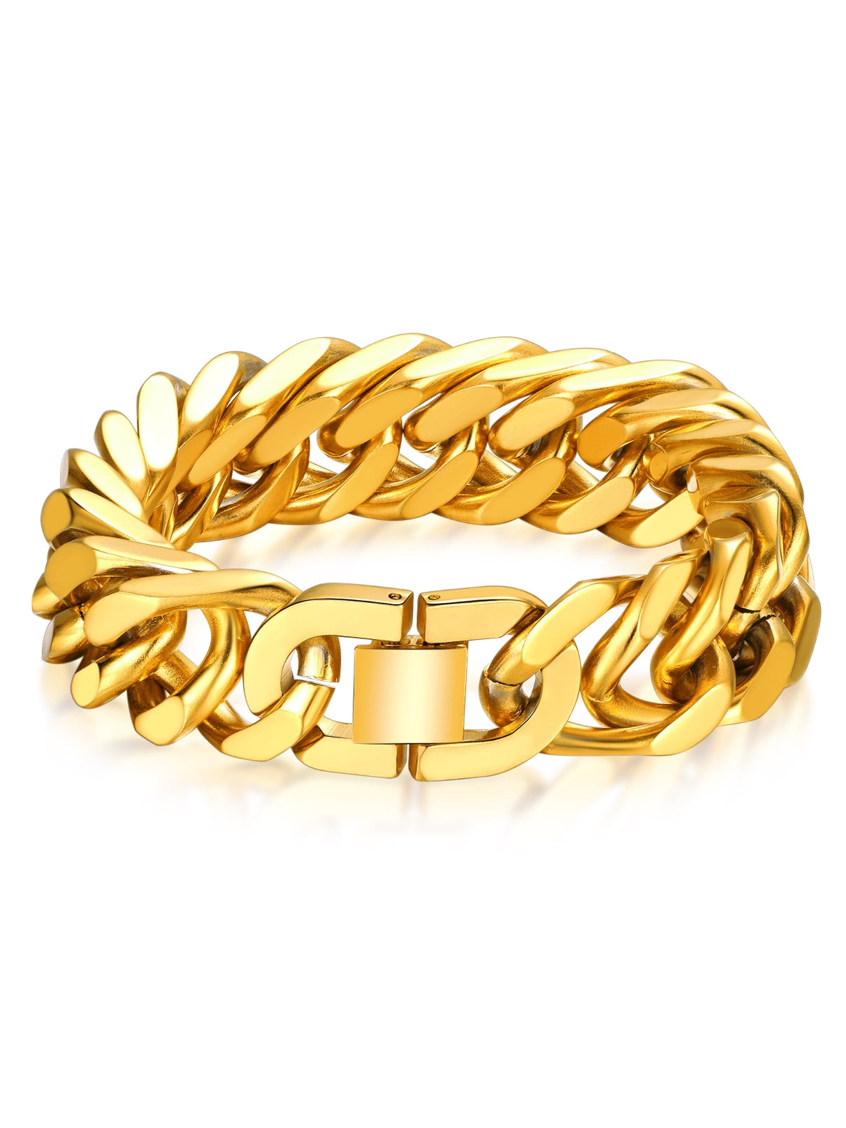 Bandmax 17MM 14K Gold Plated Cuban Chain Bracelets for Men Stainless Steel Miami Curb Link Hand Chain Wristlet Birthday Valentines Father Day Gift for Dad Son Husband Grandpa