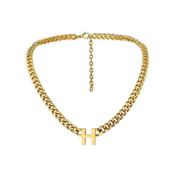 Bandmax 18'' A-Z Initial Necklace Choker for Men Women Stainless Steel 14K Gold Plated 7MM Wide Chunky Letter Pendant Chain Necklace for Gift