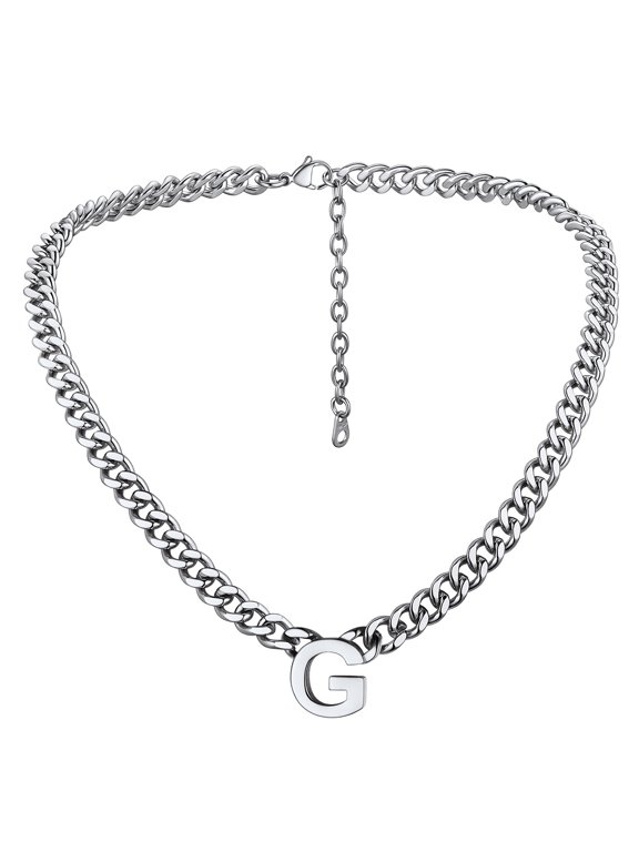 18'' A-Z Initial Necklace Choker for Men Women Stainless Steel 7MM Wide Chunky Letter Pendant Chain Necklace for Gift