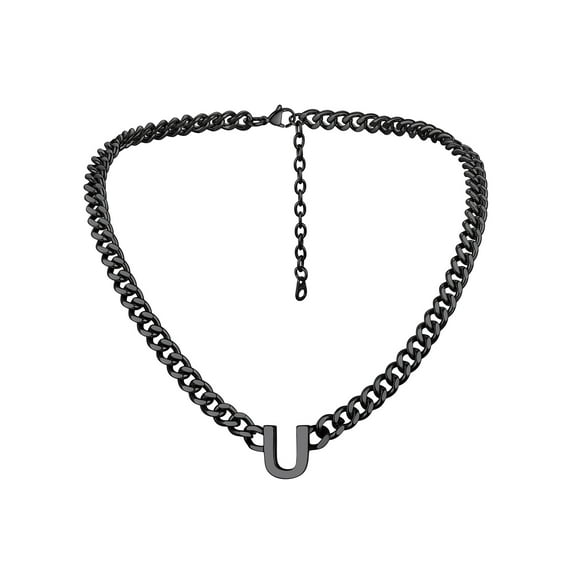 Bandmax 18'' A-Z Initial Necklace Choker for Men Women Stainless Steel Black 7MM Wide Chunky Letter Pendant Chain Necklace for Gift