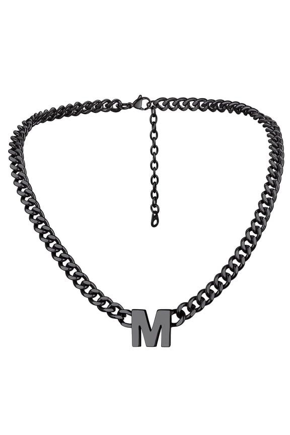 18'' A-Z Initial Necklace Choker for Men Women Stainless Steel Black 7MM Wide Chunky Letter Pendant Chain Necklace for Gift