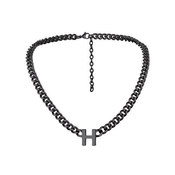 Bandmax 18'' A-Z Initial Necklace Choker for Men Women Stainless Steel Black 7MM Wide Chunky Letter Pendant Chain Necklace for Gift