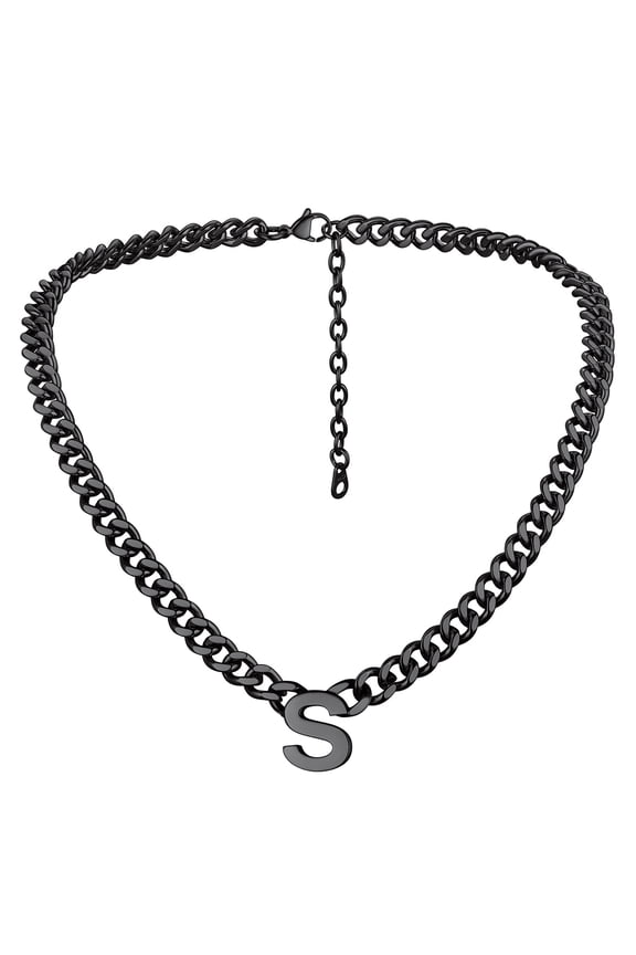 18'' A-Z Initial Necklace Choker for Men Women Stainless Steel Black 7MM Wide Chunky Letter Pendant Chain Necklace for Gift