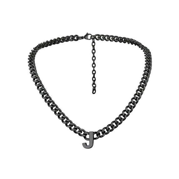Bandmax 18'' A-Z Initial Necklace Choker for Men Women Stainless Steel Black 7MM Wide Chunky Letter Pendant Chain Necklace for Gift