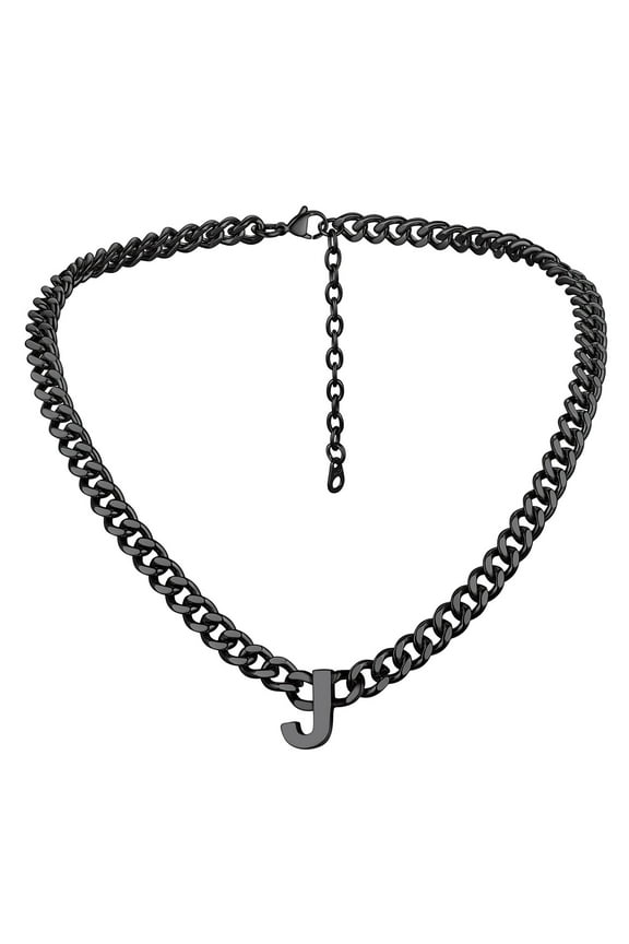 18'' A-Z Initial Necklace Choker for Men Women Stainless Steel Black 7MM Wide Chunky Letter Pendant Chain Necklace for Gift