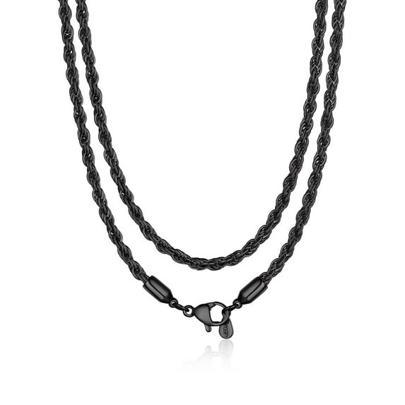 Bandmax 3MM Black Long Twisted Rope Chain for Men Women 28 Inch Stainless Steel Layer Chain Necklaces Solid Cable Rope Chain for Pendant Jewelry Gift