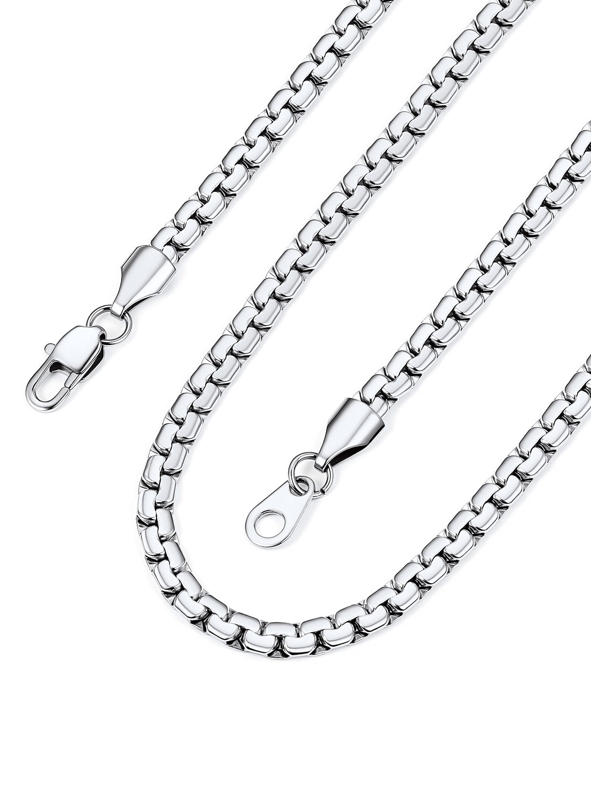 Bandmax 4MM Stainless Steel Flat Box Link Chains Necklace for Men Women Silver Cable Chain Jewelry Birthday Father Day Gift for Mens Son Husband Dad