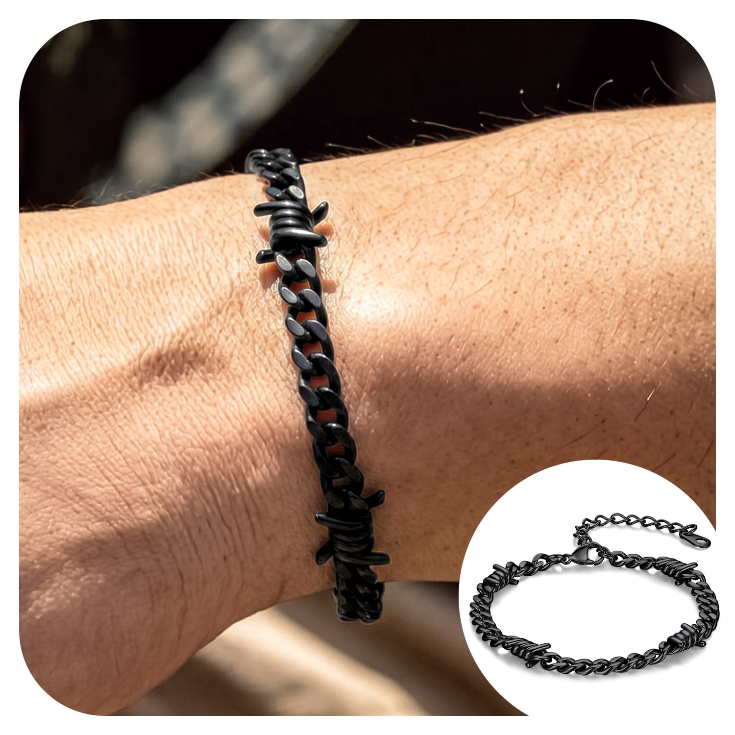 Bandmax 5MM Thorns Cuban Link Chain Bracelet for Men Dad Son Father's Day Graduation Gift Stainless Steel Black Curb Chain Bracelet for Women Punk Jewelry