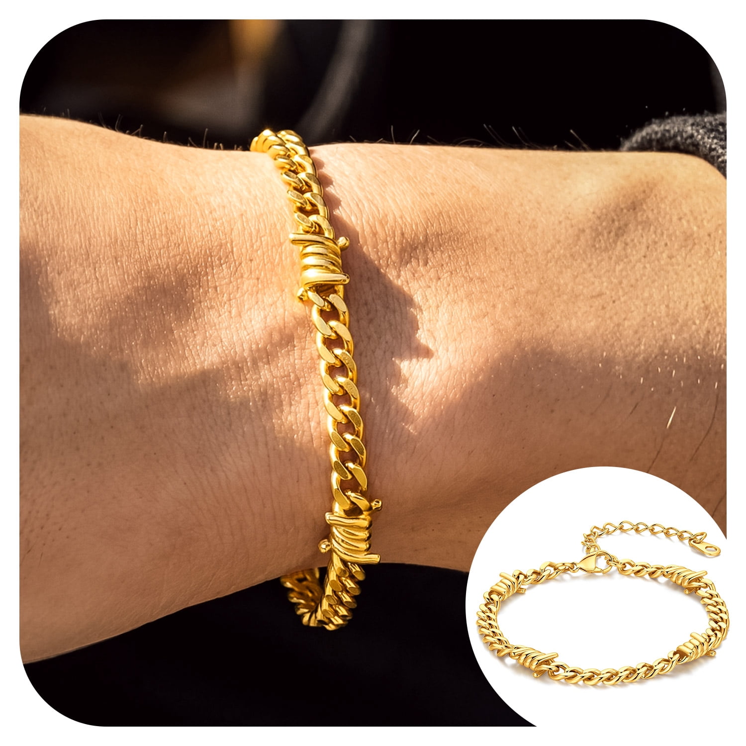 Bandmax 5MM Thorns Cuban Link Chain Bracelet for Men Dad Son Father's Day Graduation Gift Stainless Steel 14K Gold Plated Curb Chain Bracelet for Women Punk Jewelry