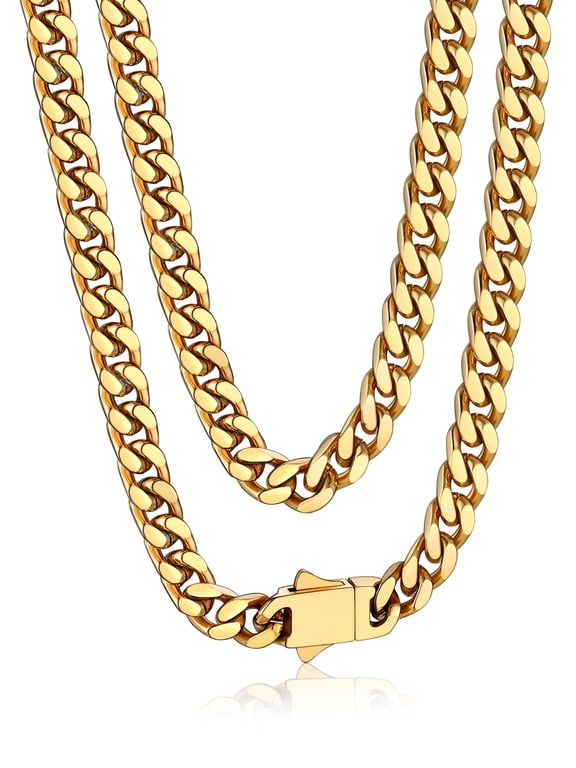 5MM Men's Chunky Cuban Chain Necklace for Men Women Stainless Steel 14K Gold Plated Hip Hop Miami Choker Birthday Valentines Father Day Gift for Dad Son Husband